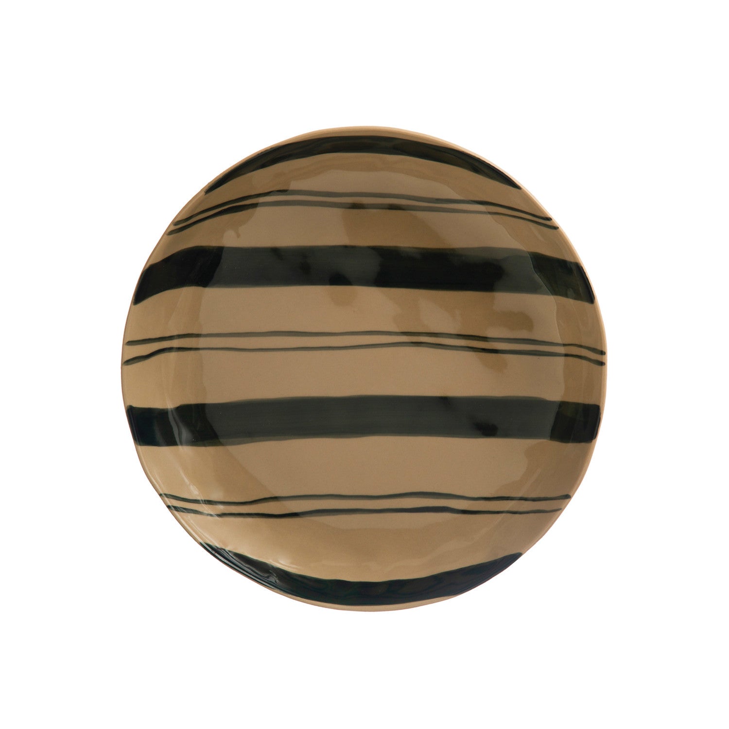 Hand-Painted Stoneware Serving Bowl w/ Stripes, Midnight Blue & Cream Color