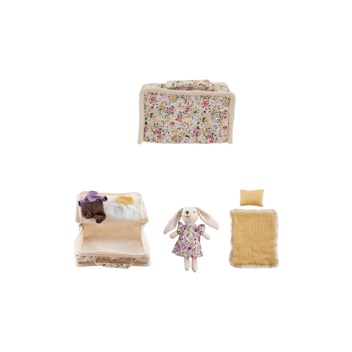 7"L x 4"W x 1-1/2"H Fabric Zip Suitcase Bed with Plush Bunny & Outfits, Set of 6