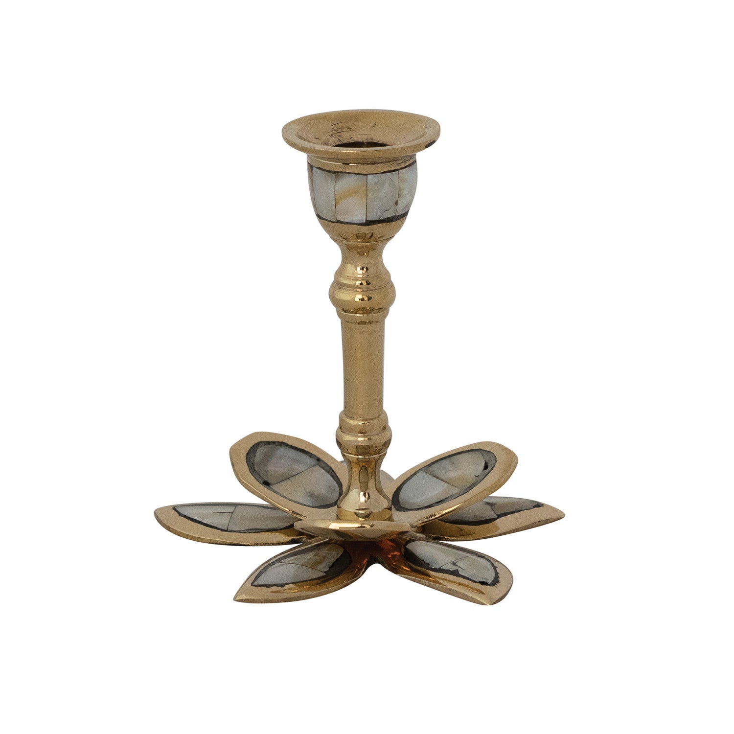 Brass Flower Shaped Taper Holder with Mother of Pearl Inlay, Gold Finish & Natural