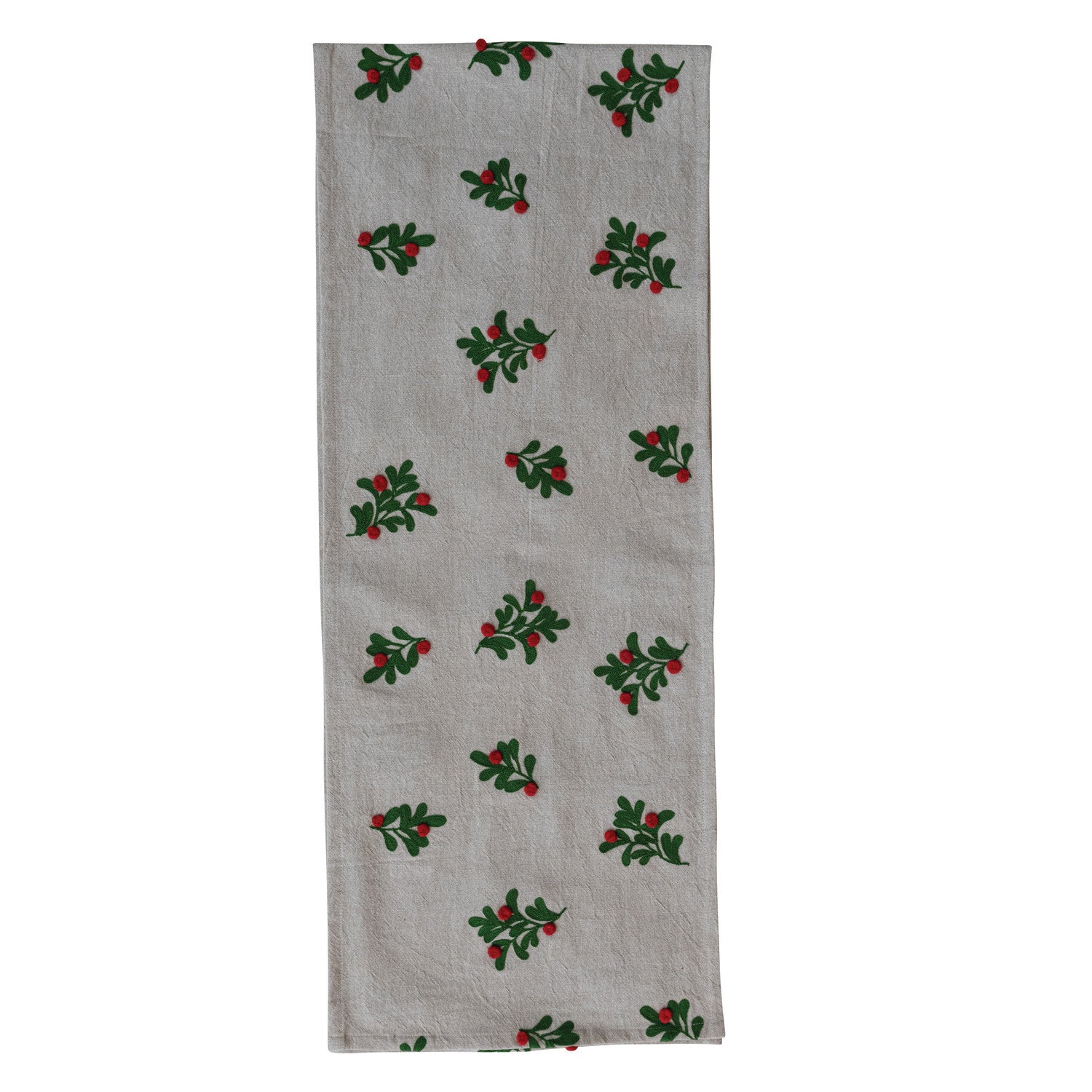 Table Runner with Embroidered Mistletoe Pattern & Pom Poms, Natural